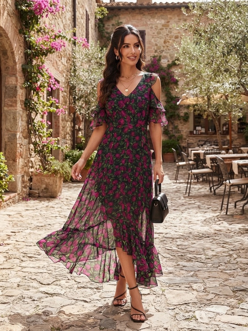 Raquel Diniz 100% Silk Women Black Magenta Floral Cold Shoulder Ruffle Maxi Dres